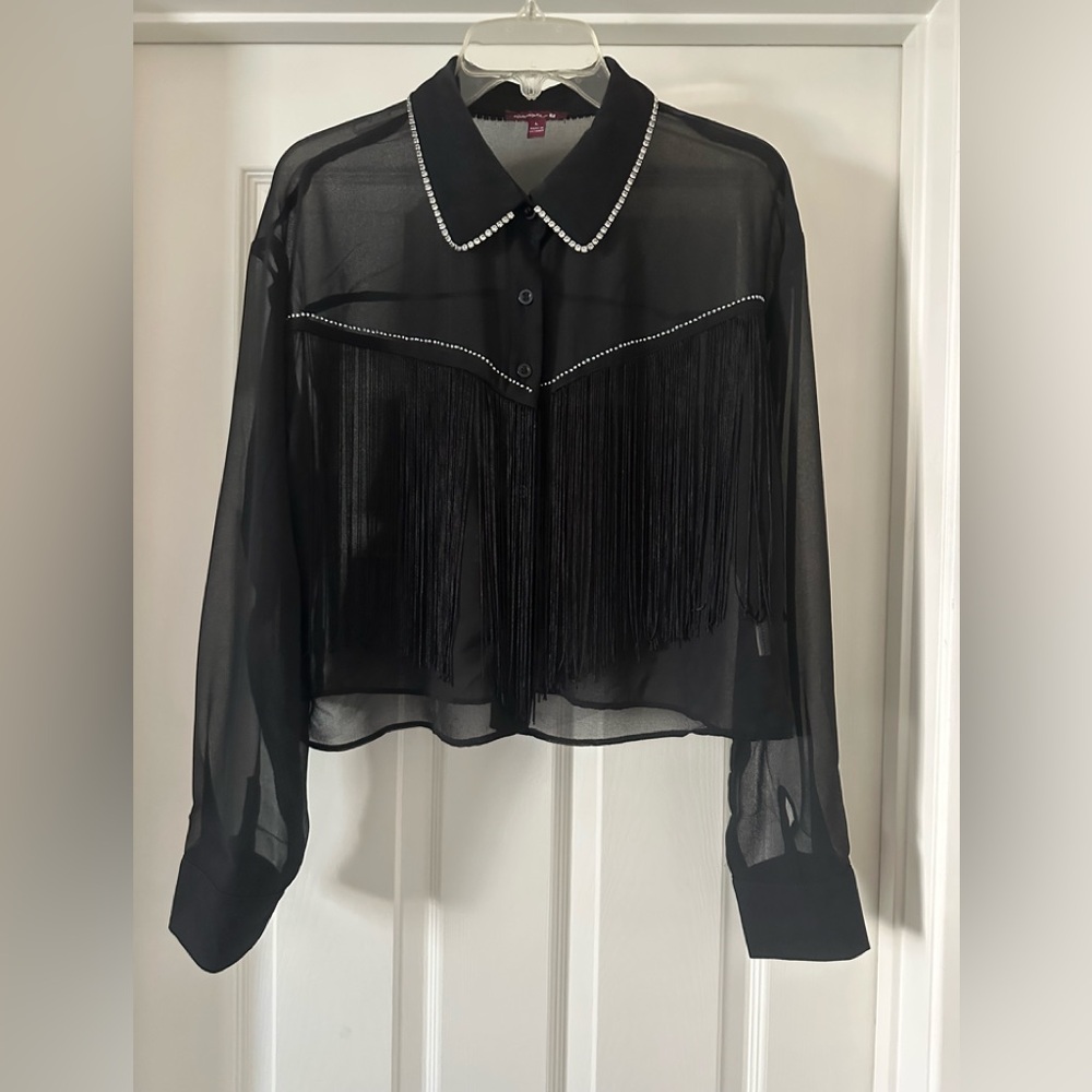 Black Sheer Fringe party blouse. L
